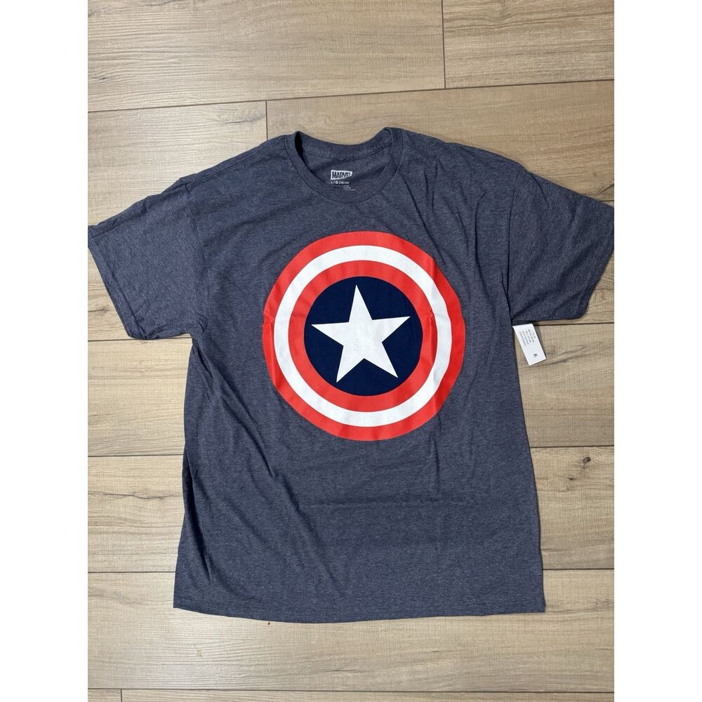 Marvel Captain America‎ Graphic T-Shirt Mens L Grey Shield Logo comics Travel